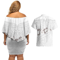 White Polynesia Couples Matching Off Shoulder Short Dress and Hawaiian Shirt Tribal Pattern Tropical Frangipani LT14 - Polynesian Pride
