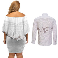 White Polynesia Couples Matching Off Shoulder Short Dress and Long Sleeve Button Shirt Tribal Pattern Tropical Frangipani LT14 - Polynesian Pride