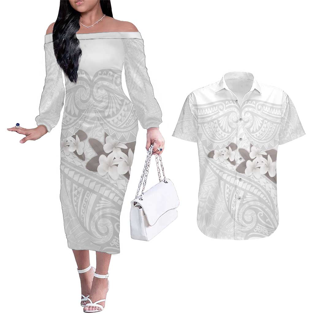 White Polynesia Couples Matching Off The Shoulder Long Sleeve Dress and Hawaiian Shirt Tribal Pattern Tropical Frangipani LT14 White - Polynesian Pride