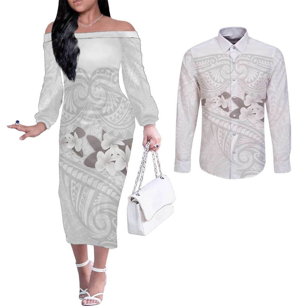 White Polynesia Couples Matching Off The Shoulder Long Sleeve Dress and Long Sleeve Button Shirt Tribal Pattern Tropical Frangipani LT14 White - Polynesian Pride