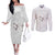 White Polynesia Couples Matching Off The Shoulder Long Sleeve Dress and Long Sleeve Button Shirt Tribal Pattern Tropical Frangipani