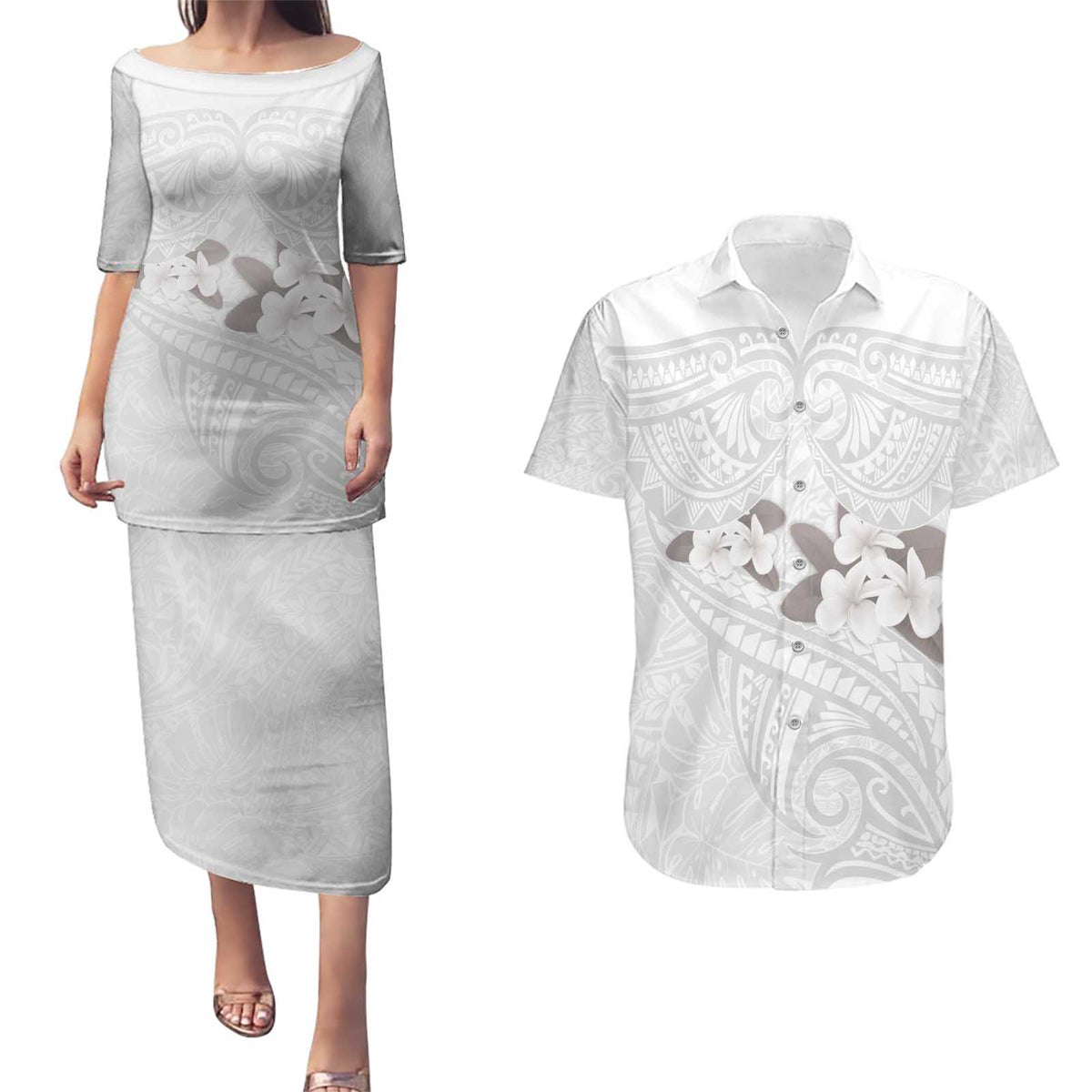 White Polynesia Couples Matching Puletasi and Hawaiian Shirt Tribal Pattern Tropical Frangipani LT14 White - Polynesian Pride