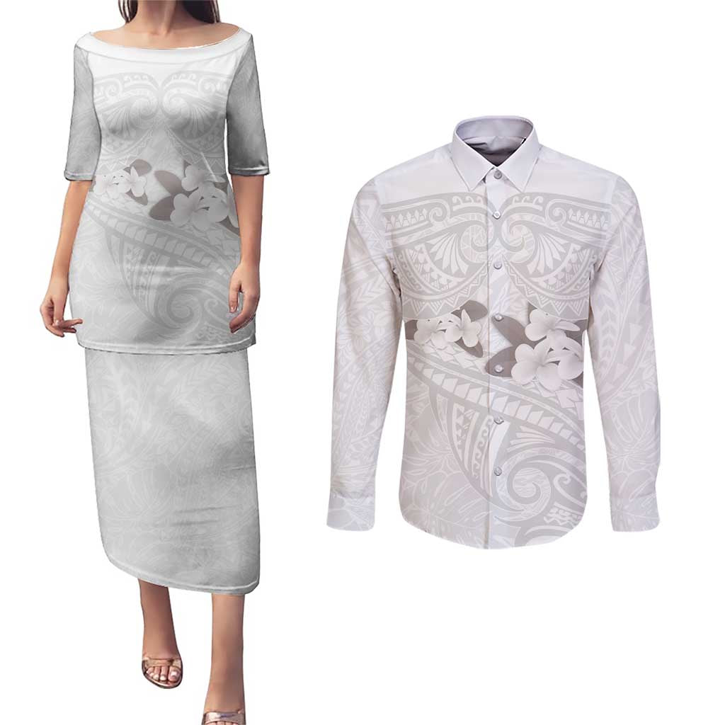 White Polynesia Couples Matching Puletasi and Long Sleeve Button Shirt Tribal Pattern Tropical Frangipani LT14 White - Polynesian Pride