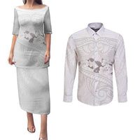 White Polynesia Couples Matching Puletasi and Long Sleeve Button Shirt Tribal Pattern Tropical Frangipani LT14 White - Polynesian Pride