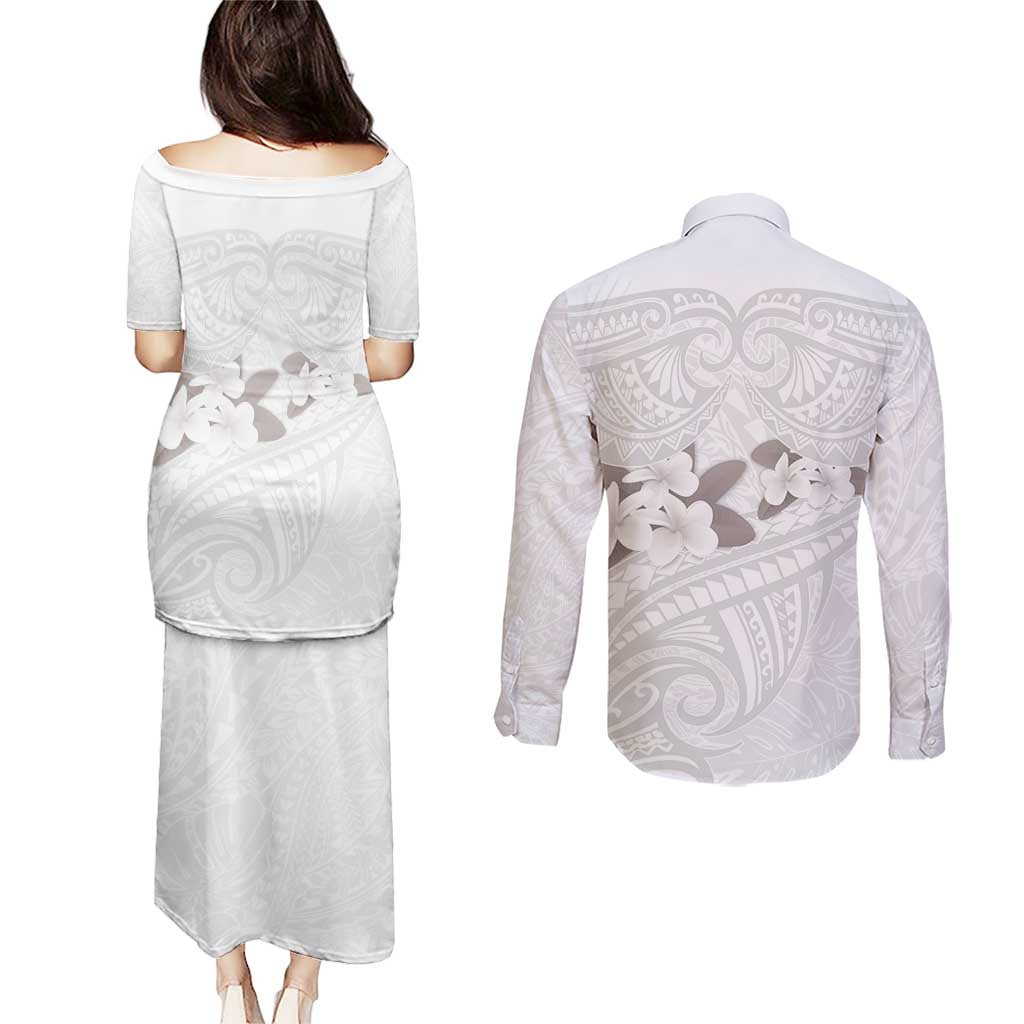 White Polynesia Couples Matching Puletasi and Long Sleeve Button Shirt Tribal Pattern Tropical Frangipani LT14 - Polynesian Pride