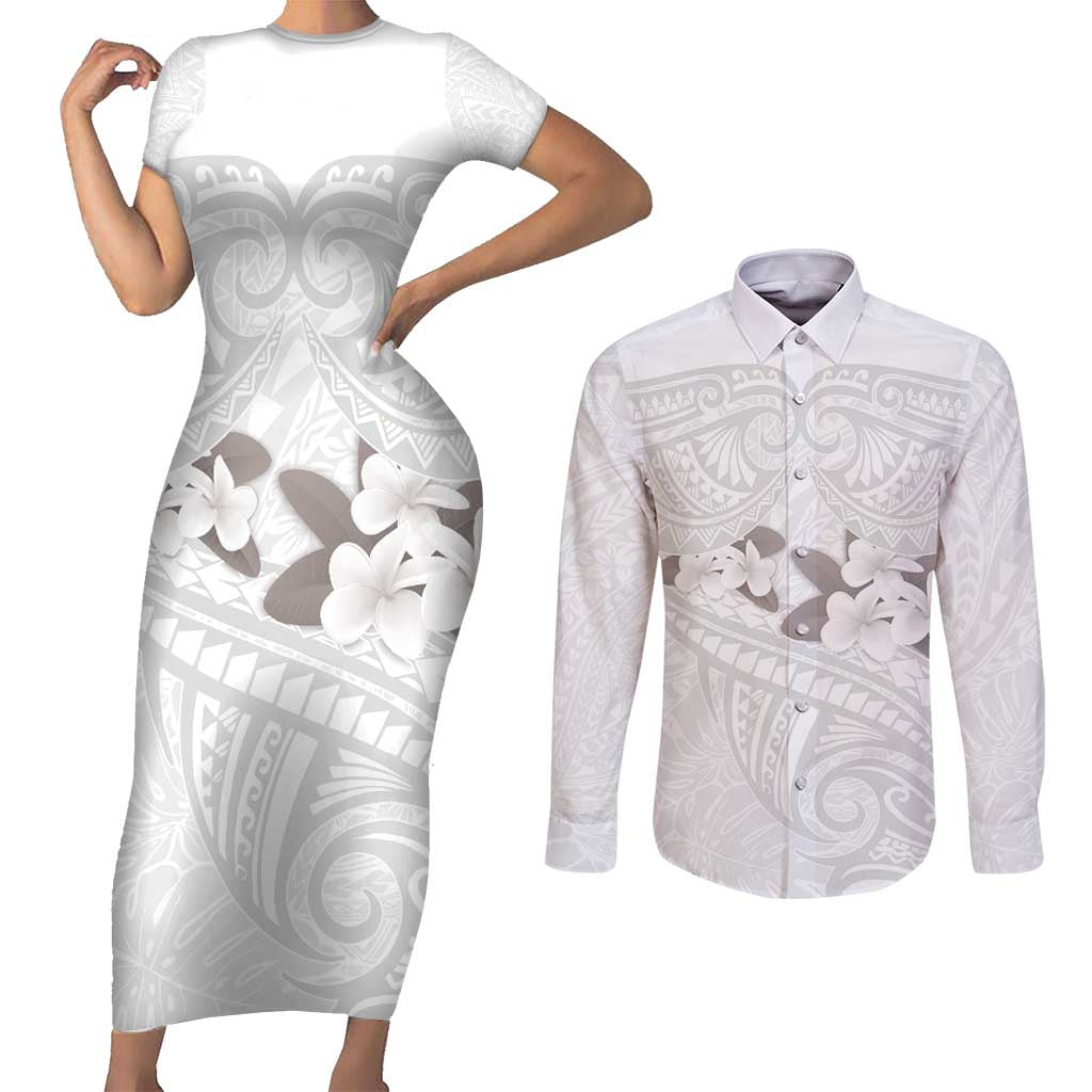 White Polynesia Couples Matching Short Sleeve Bodycon Dress and Long Sleeve Button Shirt Tribal Pattern Tropical Frangipani LT14 White - Polynesian Pride