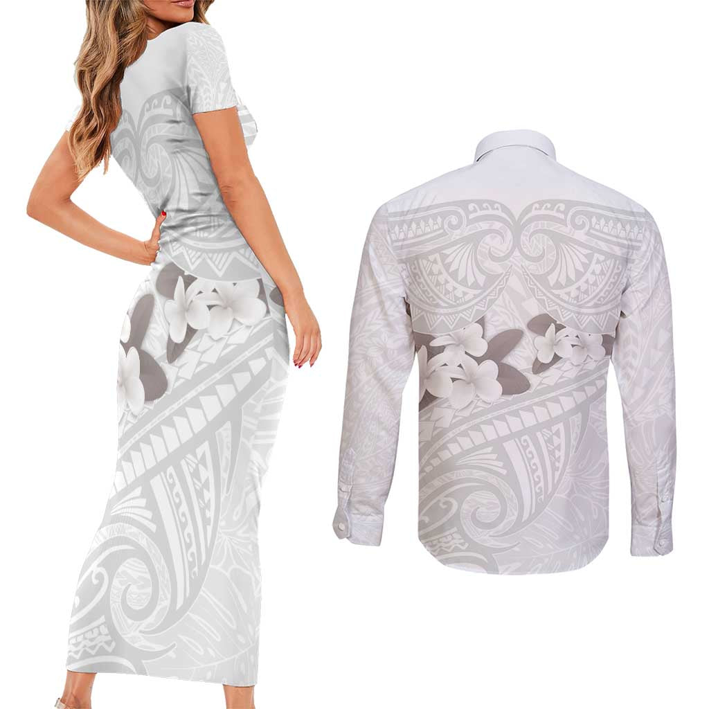 White Polynesia Couples Matching Short Sleeve Bodycon Dress and Long Sleeve Button Shirt Tribal Pattern Tropical Frangipani LT14 - Polynesian Pride