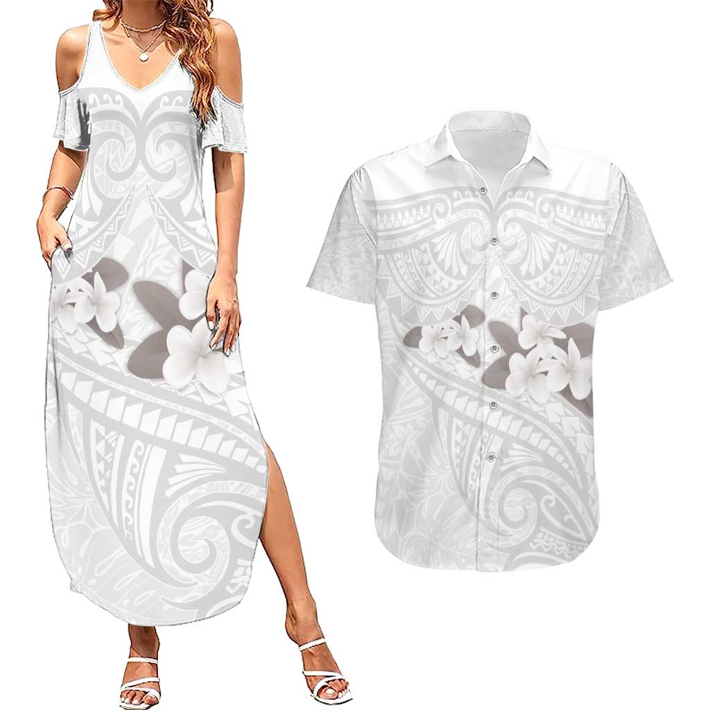 White Polynesia Couples Matching Summer Maxi Dress and Hawaiian Shirt Tribal Pattern Tropical Frangipani LT14 White - Polynesian Pride
