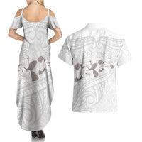 White Polynesia Couples Matching Summer Maxi Dress and Hawaiian Shirt Tribal Pattern Tropical Frangipani LT14 - Polynesian Pride