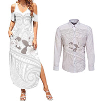 White Polynesia Couples Matching Summer Maxi Dress and Long Sleeve Button Shirt Tribal Pattern Tropical Frangipani LT14 White - Polynesian Pride