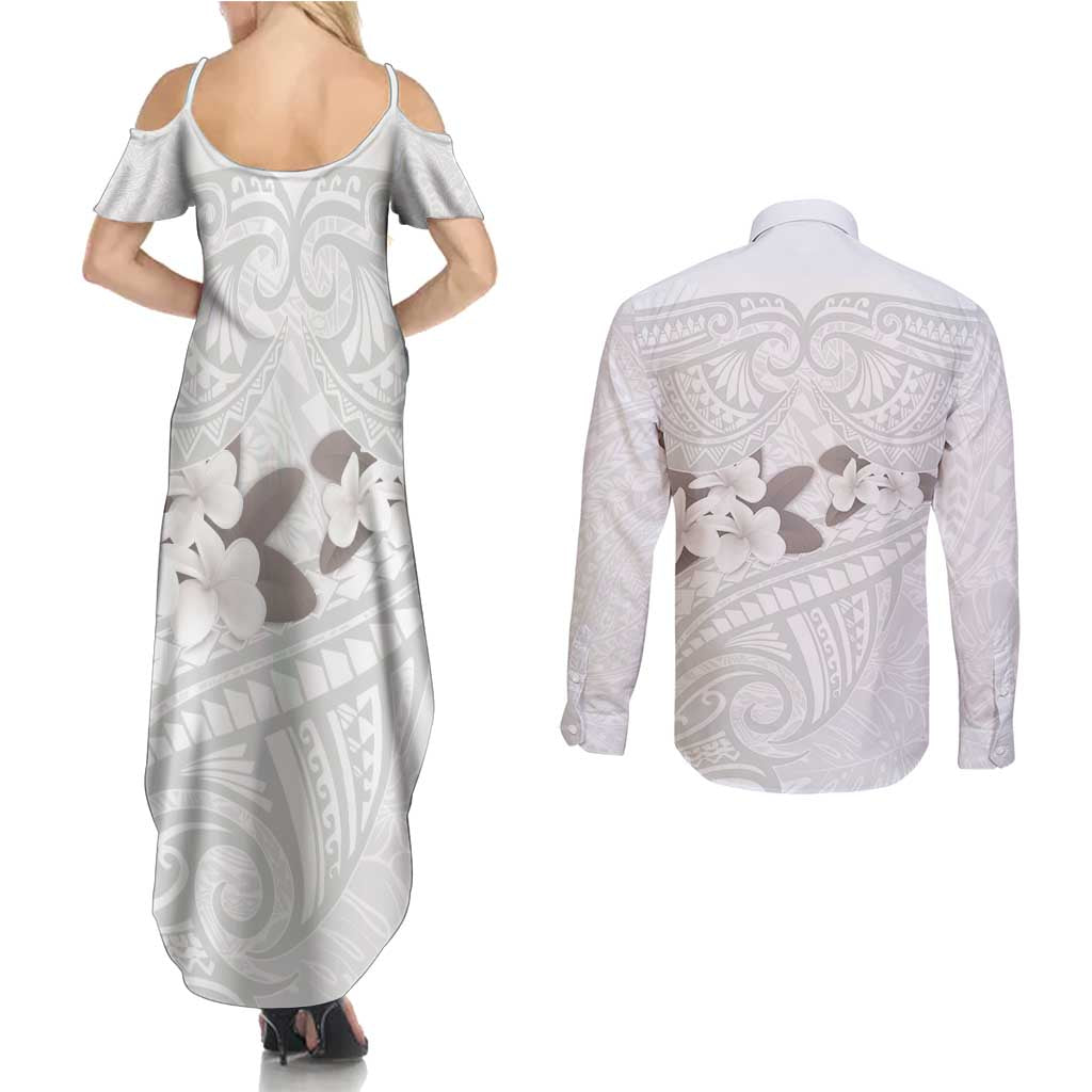 White Polynesia Couples Matching Summer Maxi Dress and Long Sleeve Button Shirt Tribal Pattern Tropical Frangipani LT14 - Polynesian Pride