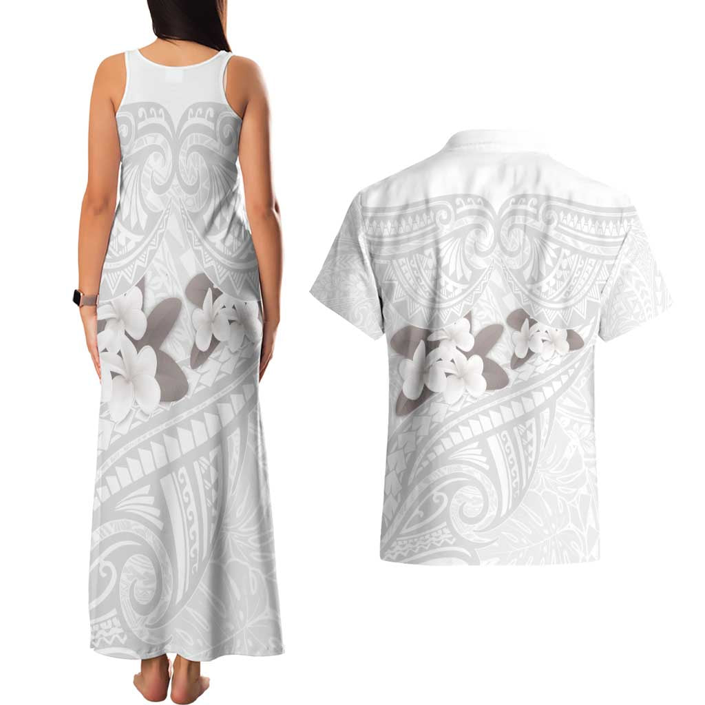 White Polynesia Couples Matching Tank Maxi Dress and Hawaiian Shirt Tribal Pattern Tropical Frangipani LT14 - Polynesian Pride