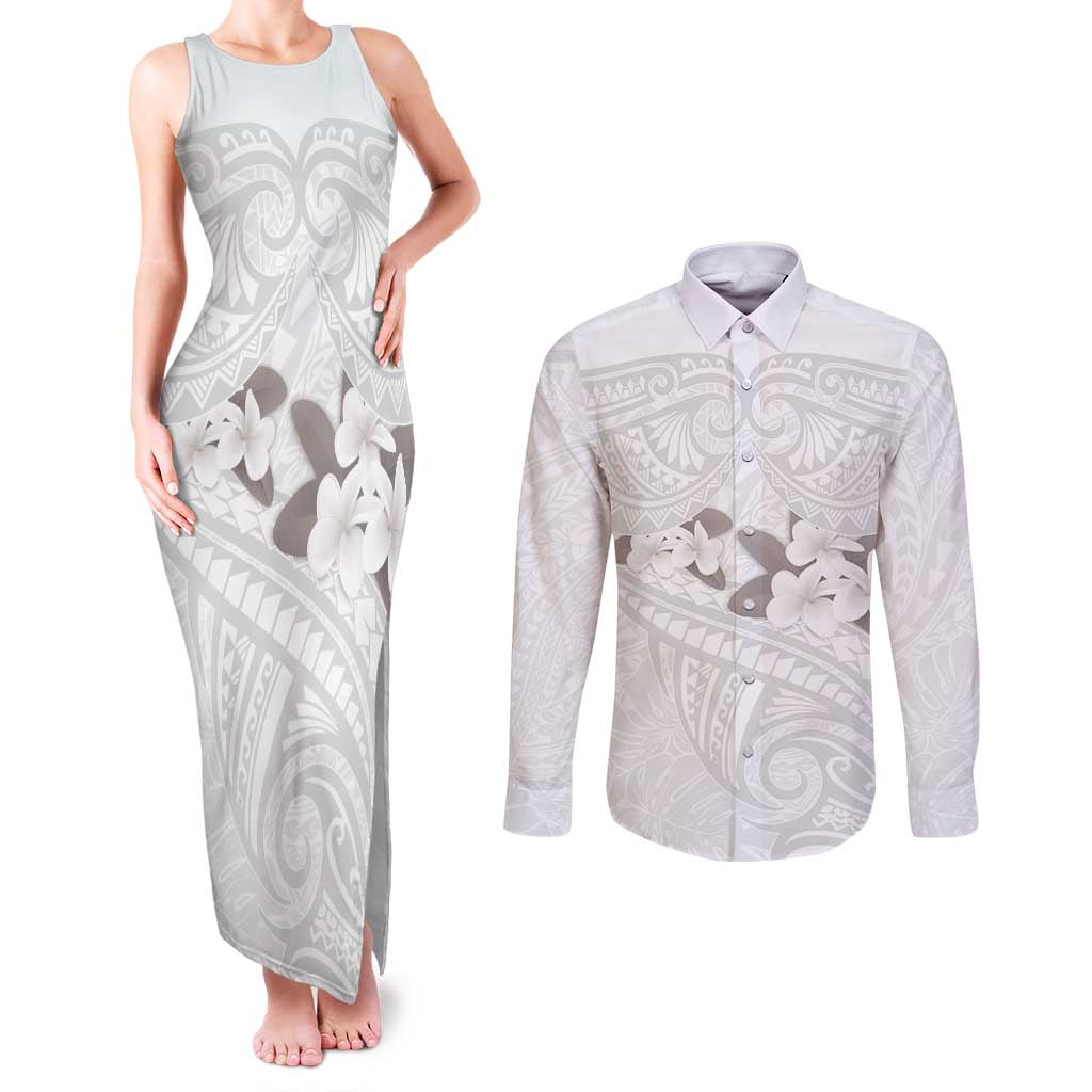 White Polynesia Couples Matching Tank Maxi Dress and Long Sleeve Button Shirt Tribal Pattern Tropical Frangipani LT14 White - Polynesian Pride
