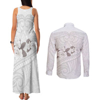 White Polynesia Couples Matching Tank Maxi Dress and Long Sleeve Button Shirt Tribal Pattern Tropical Frangipani LT14 - Polynesian Pride