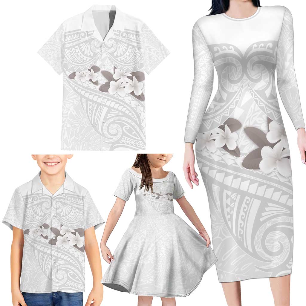 White Polynesia Family Matching Long Sleeve Bodycon Dress and Hawaiian Shirt Tribal Pattern Tropical Frangipani LT14 - Polynesian Pride