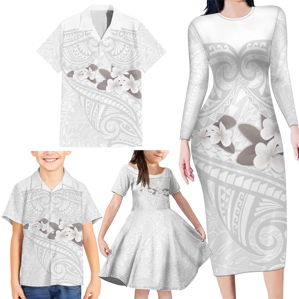 White Polynesia Family Matching Long Sleeve Bodycon Dress and Hawaiian Shirt Tribal Pattern Tropical Frangipani