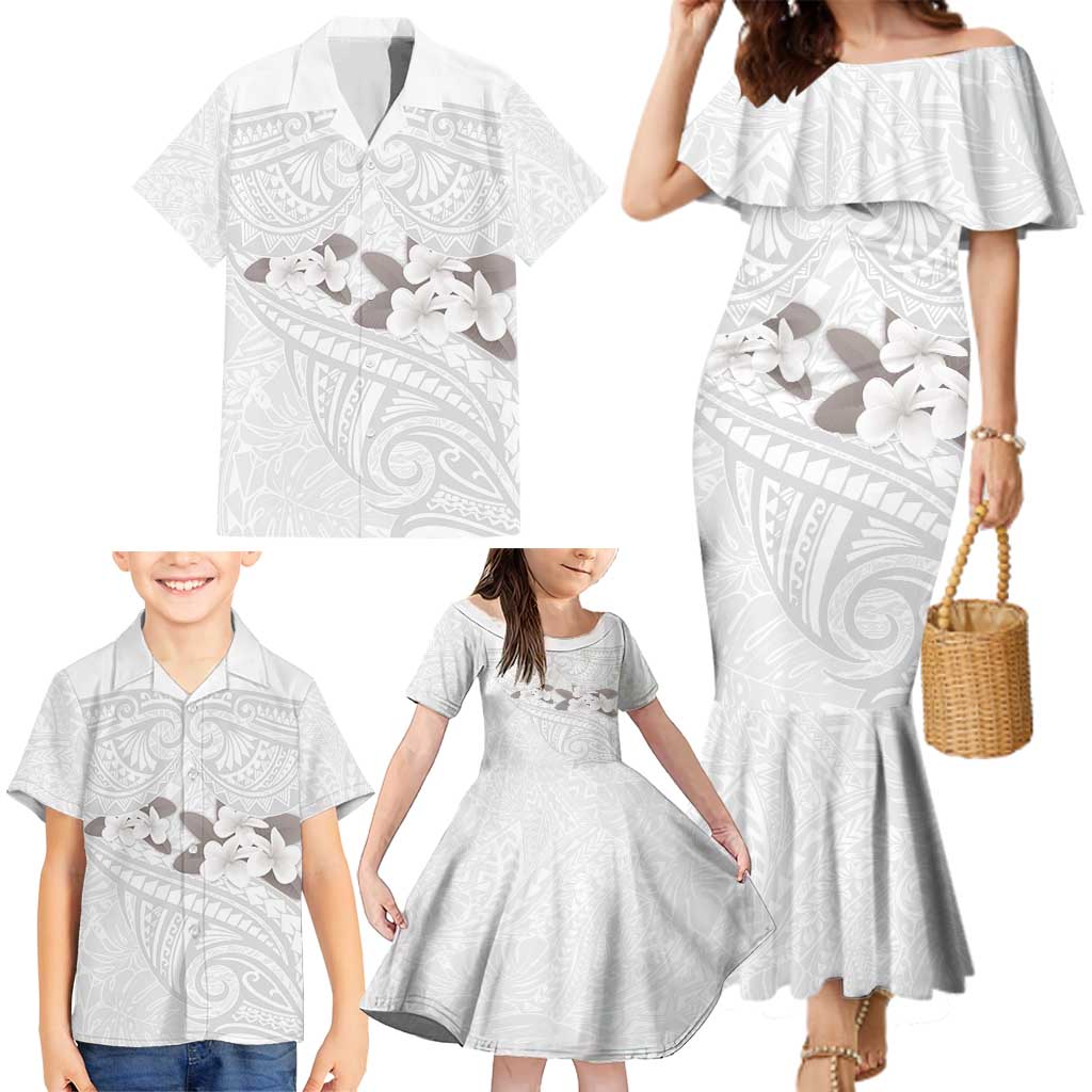 White Polynesia Family Matching Mermaid Dress and Hawaiian Shirt Tribal Pattern Tropical Frangipani