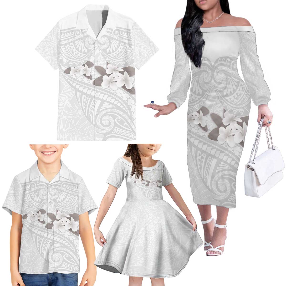 White Polynesia Family Matching Off The Shoulder Long Sleeve Dress and Hawaiian Shirt Tribal Pattern Tropical Frangipani