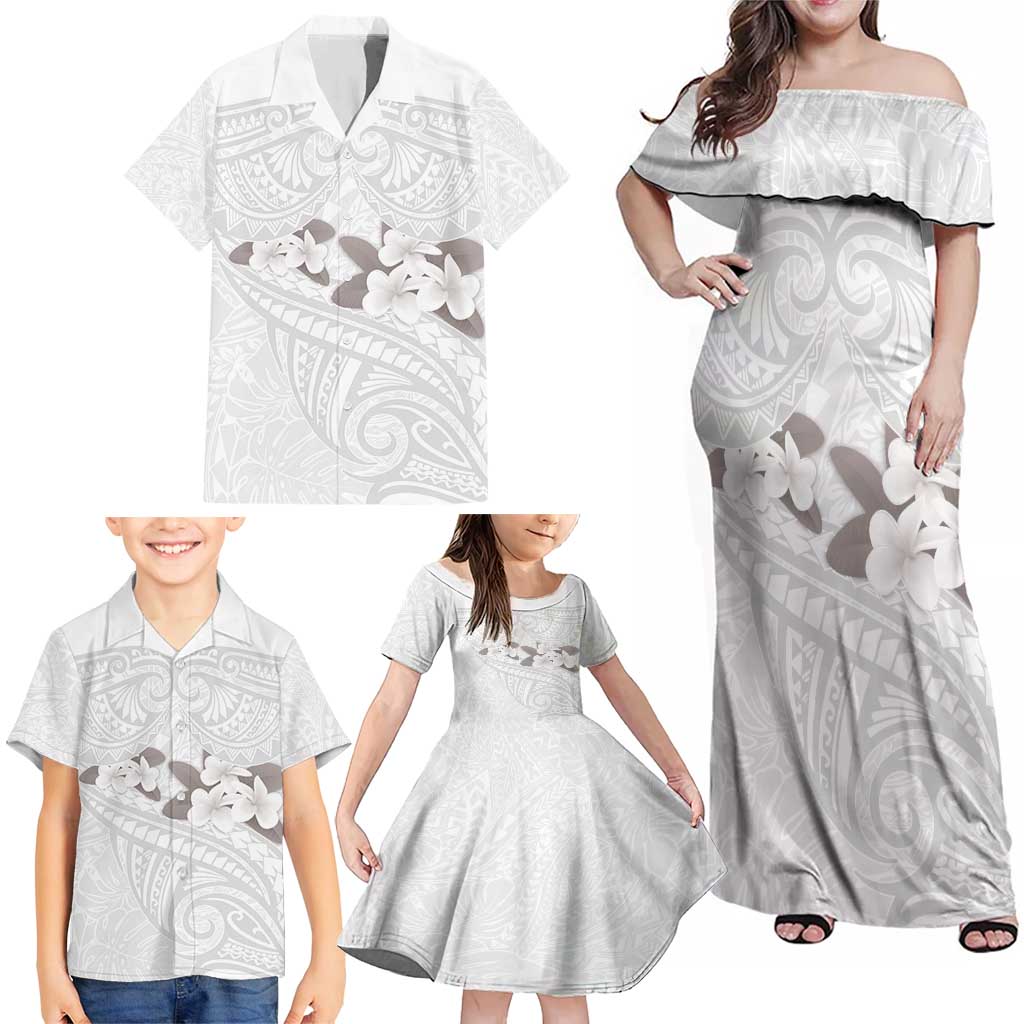 White Polynesia Family Matching Off Shoulder Maxi Dress and Hawaiian Shirt Tribal Pattern Tropical Frangipani LT14 - Polynesian Pride