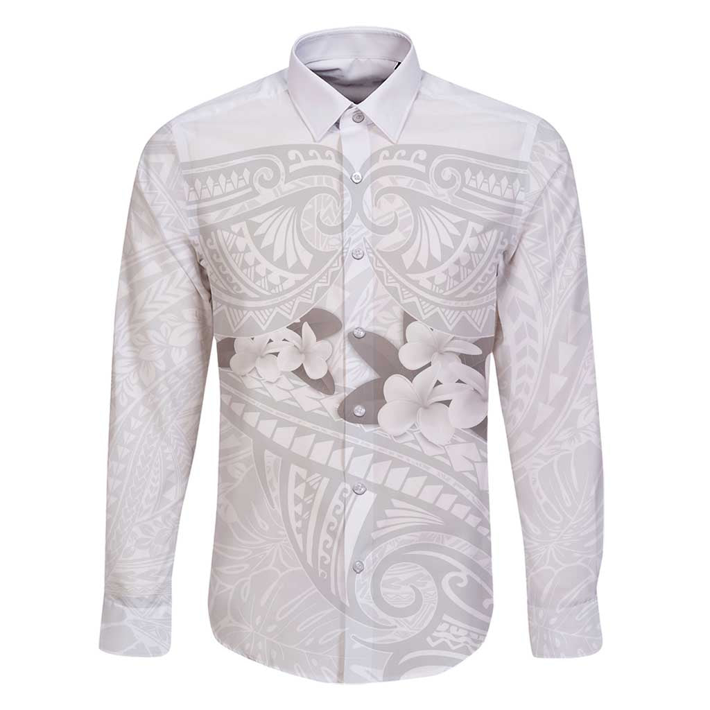 White Polynesia Family Matching Off Shoulder Maxi Dress and Hawaiian Shirt Tribal Pattern Tropical Frangipani LT14 Dad's Shirt - Long Sleeve White - Polynesian Pride
