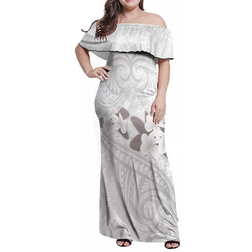 White Polynesia Family Matching Off Shoulder Maxi Dress and Hawaiian Shirt Tribal Pattern Tropical Frangipani LT14 Mom's Dress White - Polynesian Pride