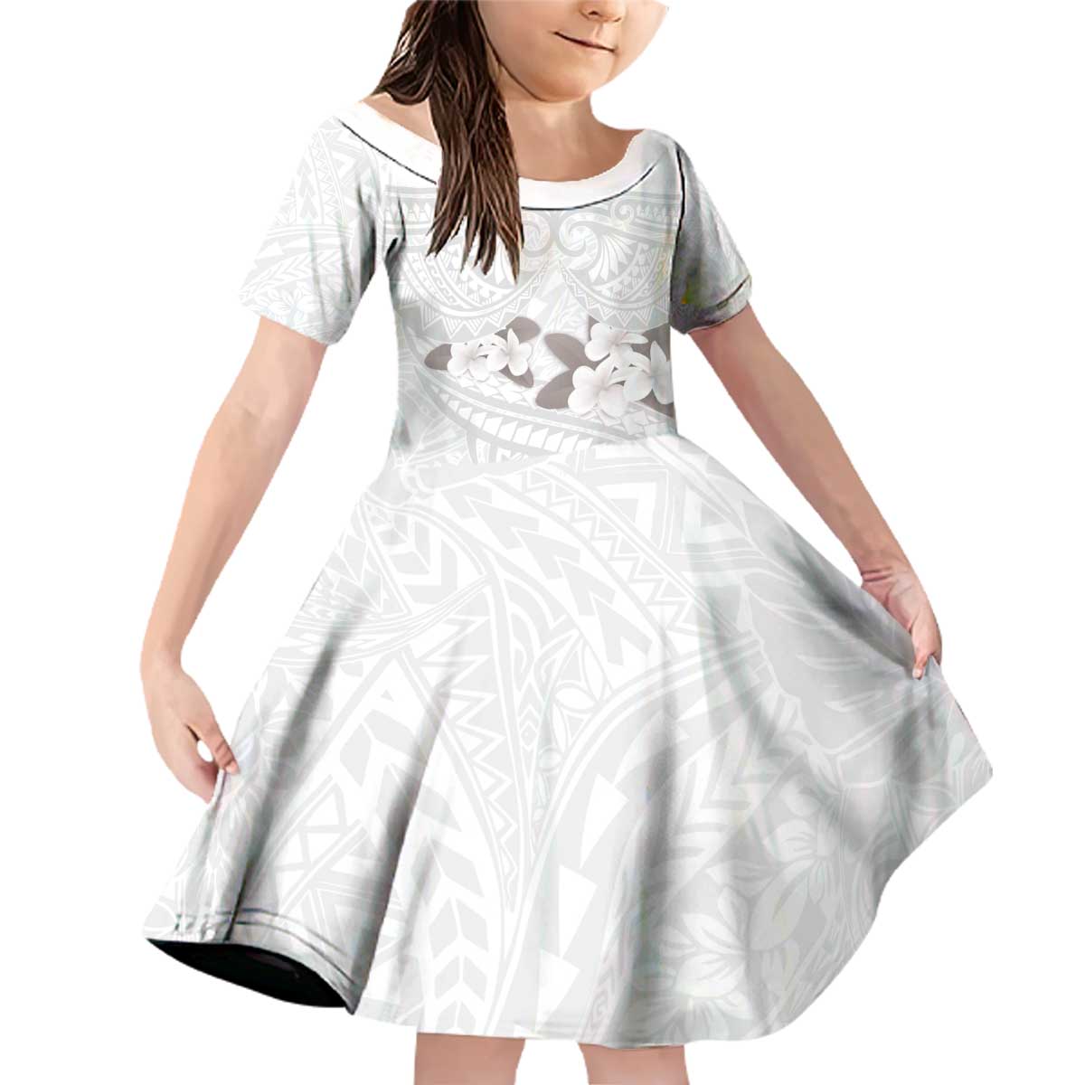 White Polynesia Family Matching Off Shoulder Short Dress and Hawaiian Shirt Tribal Pattern Tropical Frangipani LT14 Daughter's Dress White - Polynesian Pride