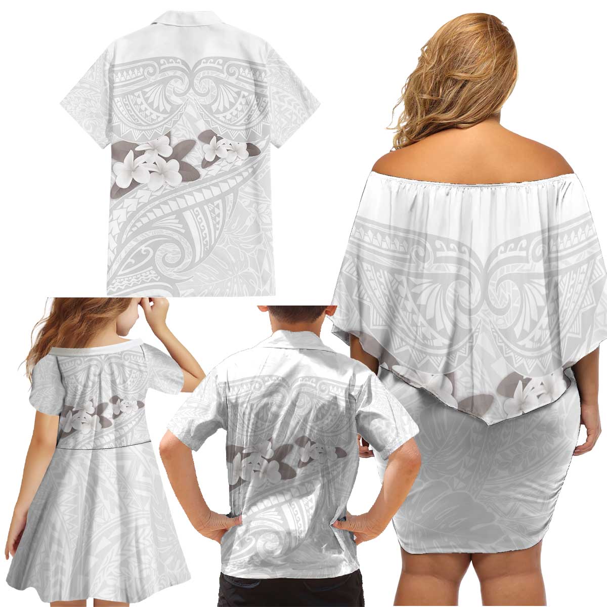 White Polynesia Family Matching Off Shoulder Short Dress and Hawaiian Shirt Tribal Pattern Tropical Frangipani LT14 - Polynesian Pride