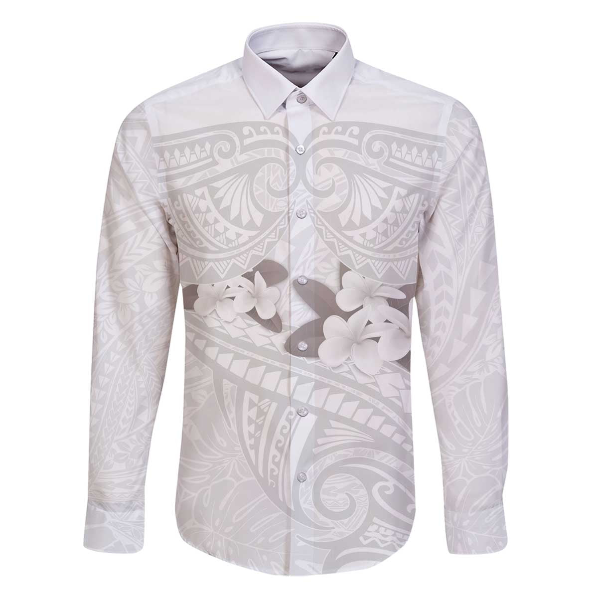 White Polynesia Family Matching Off Shoulder Short Dress and Hawaiian Shirt Tribal Pattern Tropical Frangipani LT14 Dad's Shirt - Long Sleeve White - Polynesian Pride