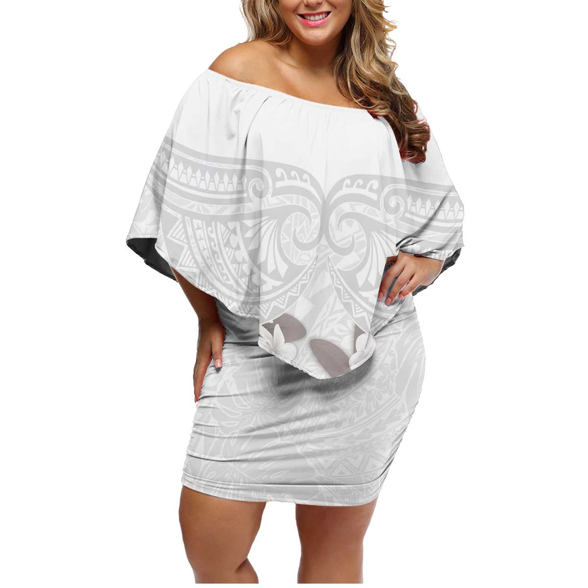 White Polynesia Family Matching Off Shoulder Short Dress and Hawaiian Shirt Tribal Pattern Tropical Frangipani LT14 Mom's Dress White - Polynesian Pride