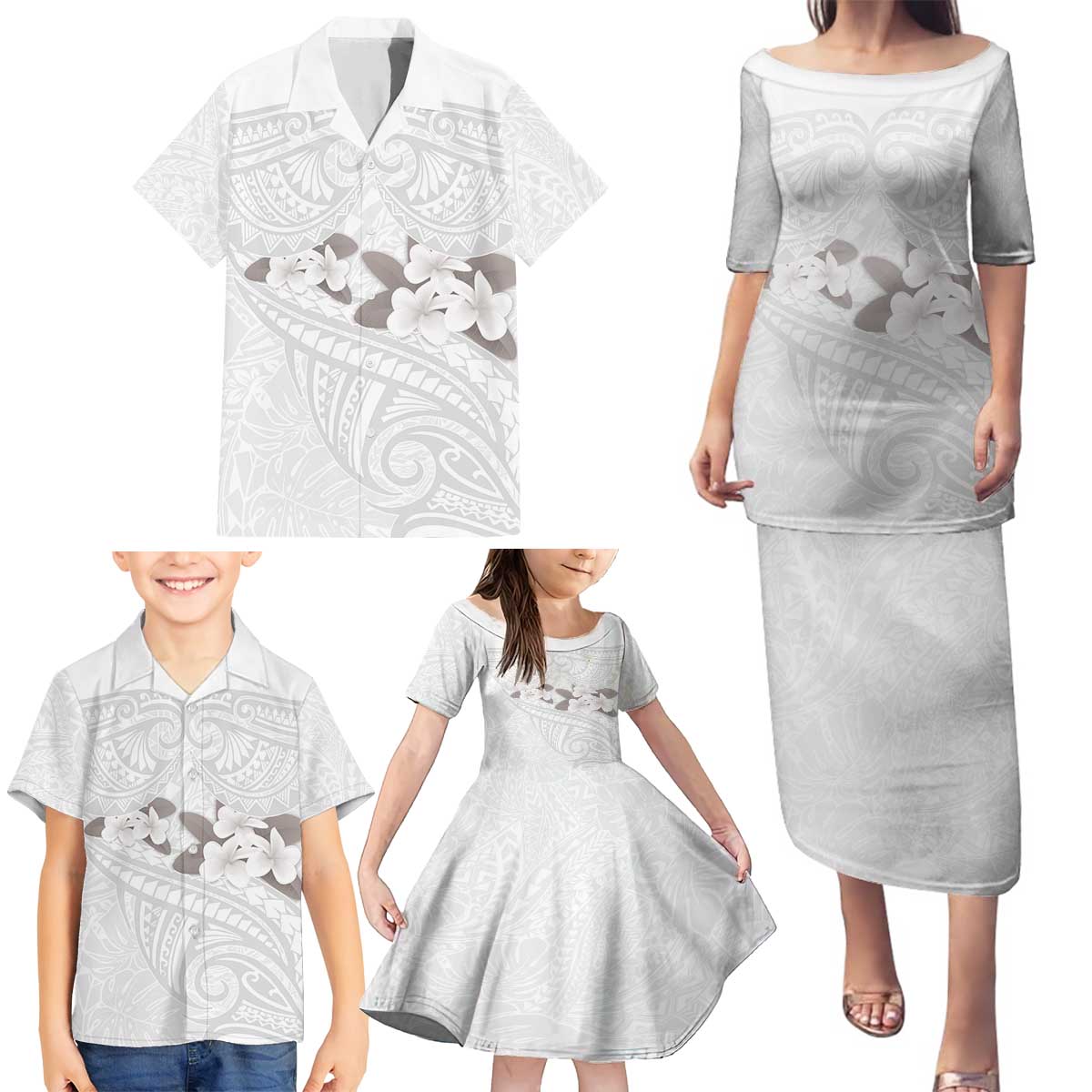 White Polynesia Family Matching Puletasi and Hawaiian Shirt Tribal Pattern Tropical Frangipani