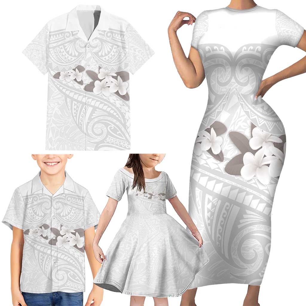 White Polynesia Family Matching Short Sleeve Bodycon Dress and Hawaiian Shirt Tribal Pattern Tropical Frangipani