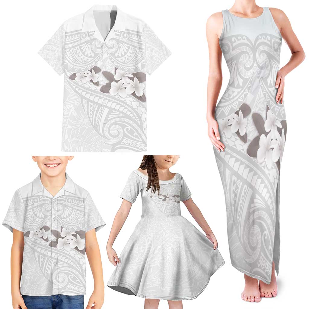 White Polynesia Family Matching Tank Maxi Dress and Hawaiian Shirt Tribal Pattern Tropical Frangipani