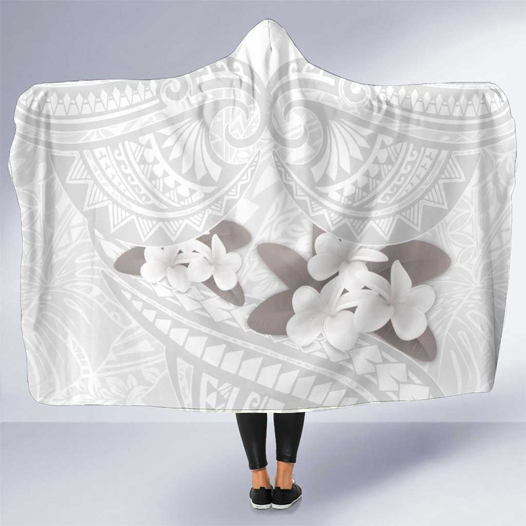White Polynesia Hooded Blanket Tribal Pattern Tropical Frangipani