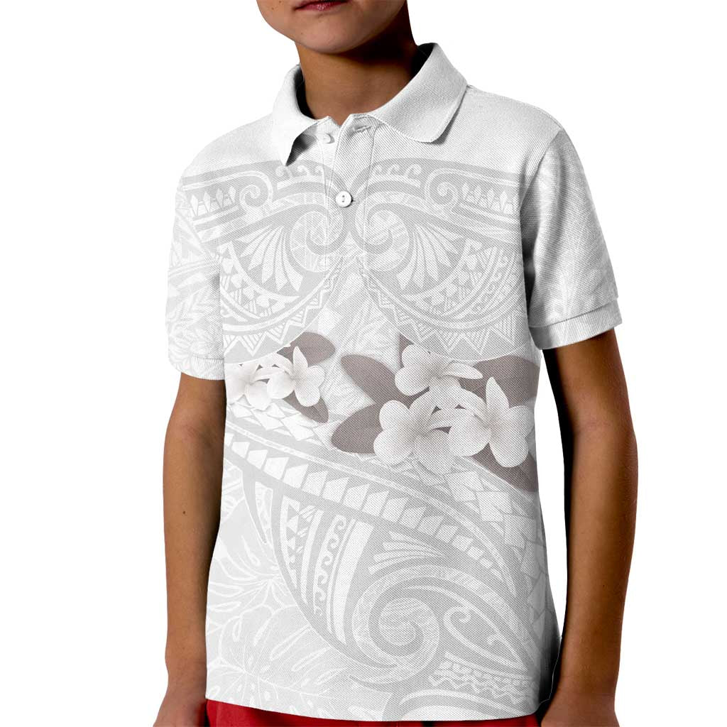 White Polynesia Kid Polo Shirt Tribal Pattern Tropical Frangipani