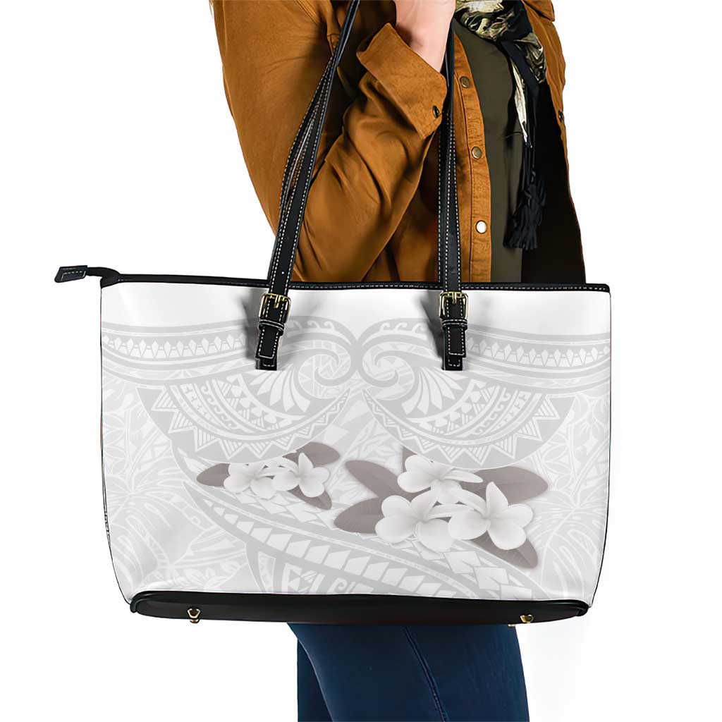 White Polynesia Leather Tote Bag Tribal Pattern Tropical Frangipani LT14 - Polynesian Pride
