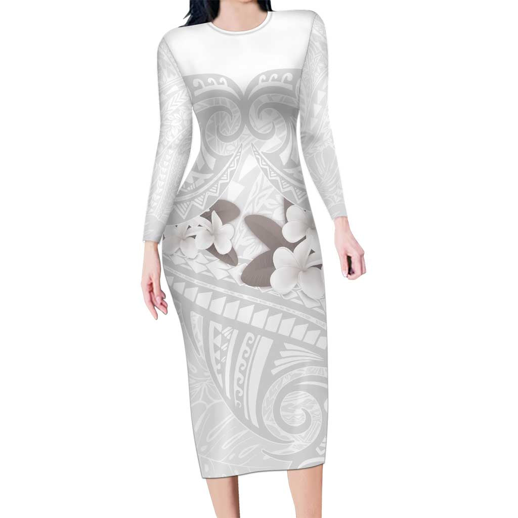 White Polynesia Long Sleeve Bodycon Dress Tribal Pattern Tropical Frangipani