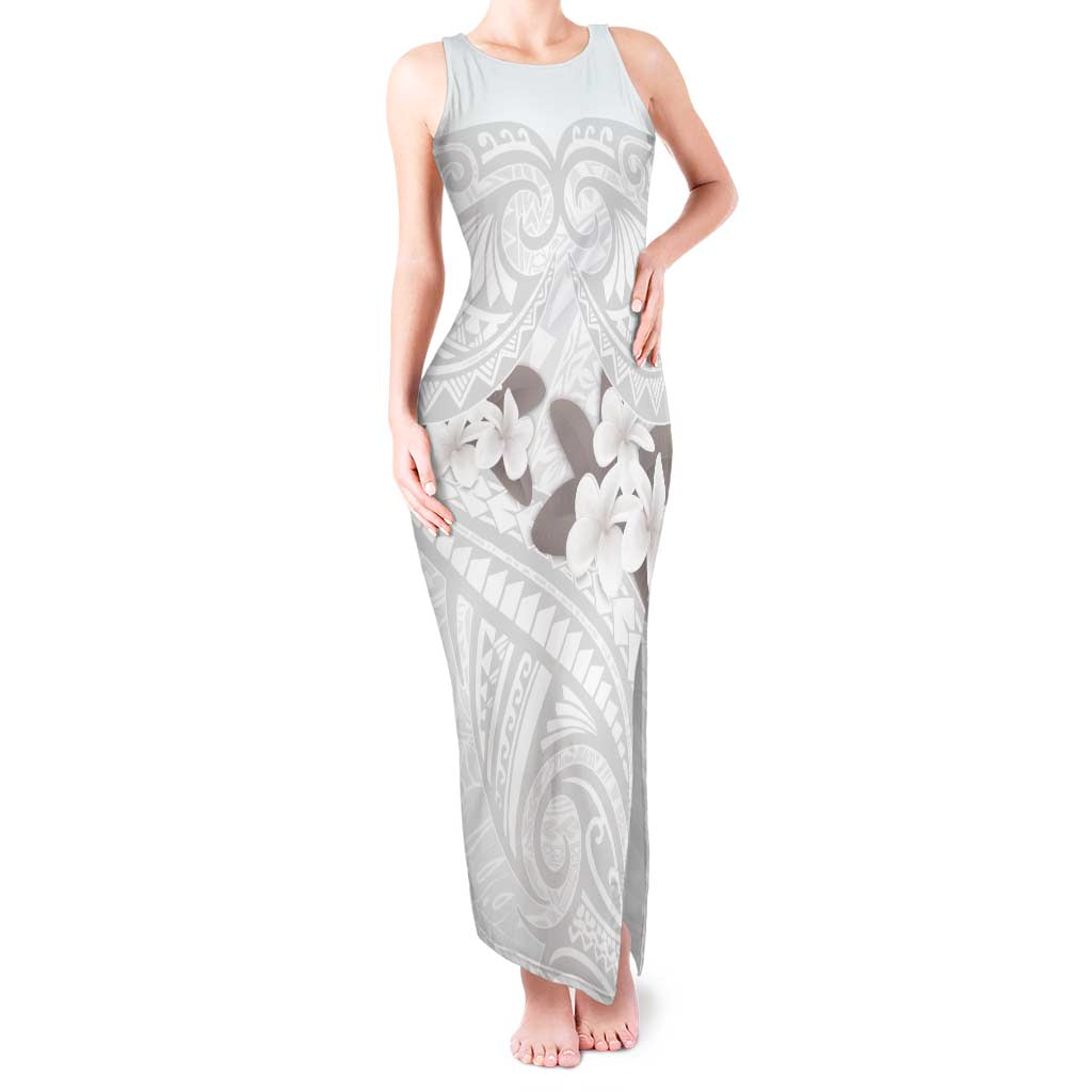 White Polynesia Tank Maxi Dress Tribal Pattern Tropical Frangipani