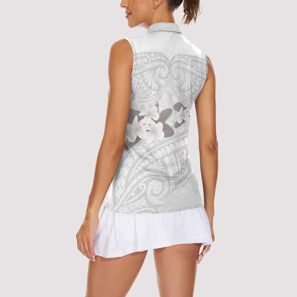 White Polynesia Women Sleeveless Polo Shirt Tribal Pattern Tropical Frangipani