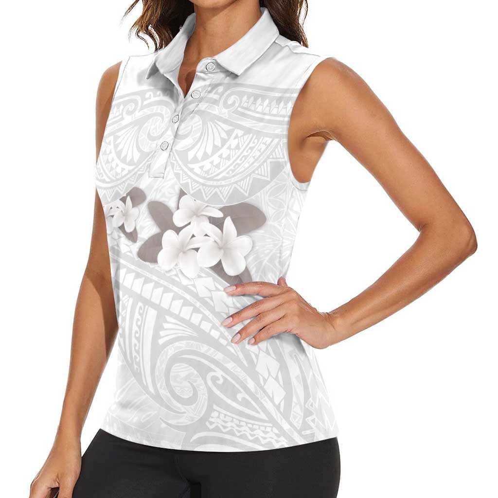 White Polynesia Women Sleeveless Polo Shirt Tribal Pattern Tropical Frangipani