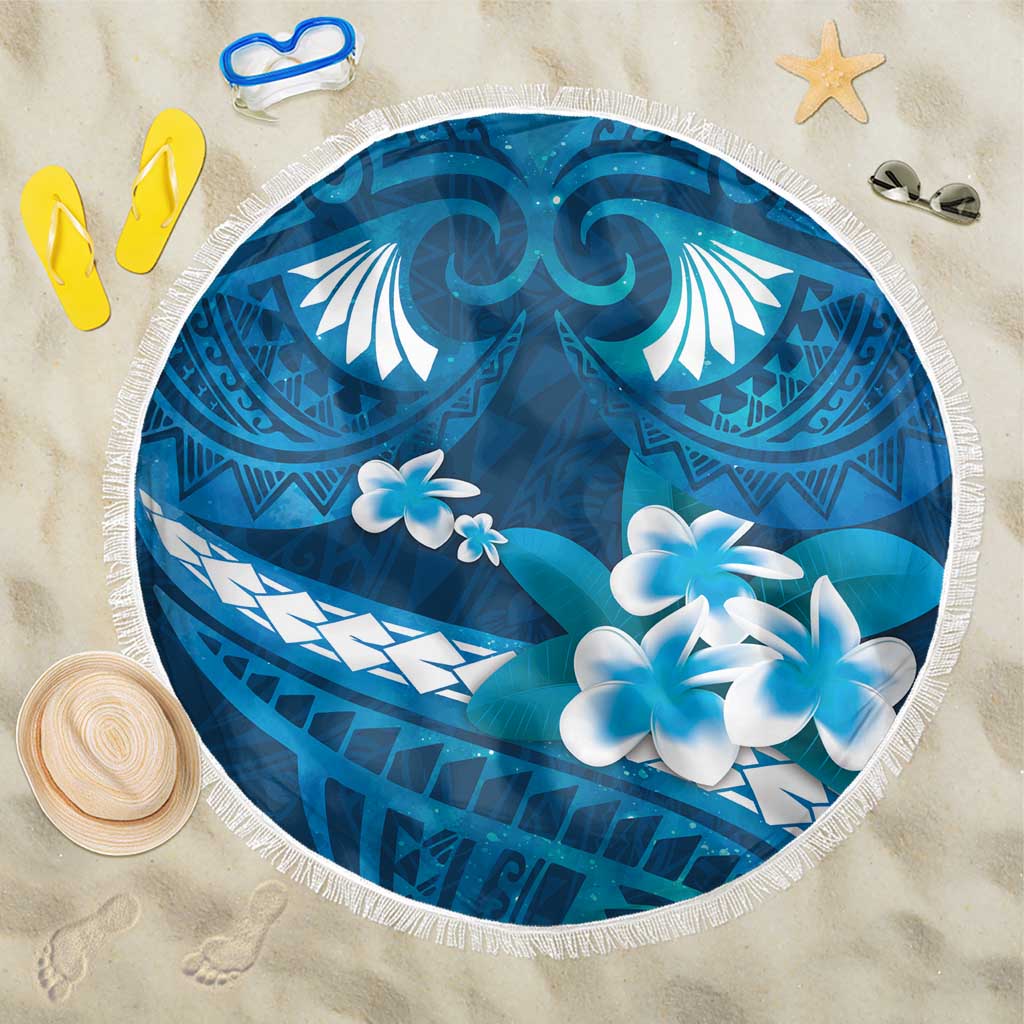 Blue Polynesia Beach Blanket Tribal Pattern Tropical Frangipani