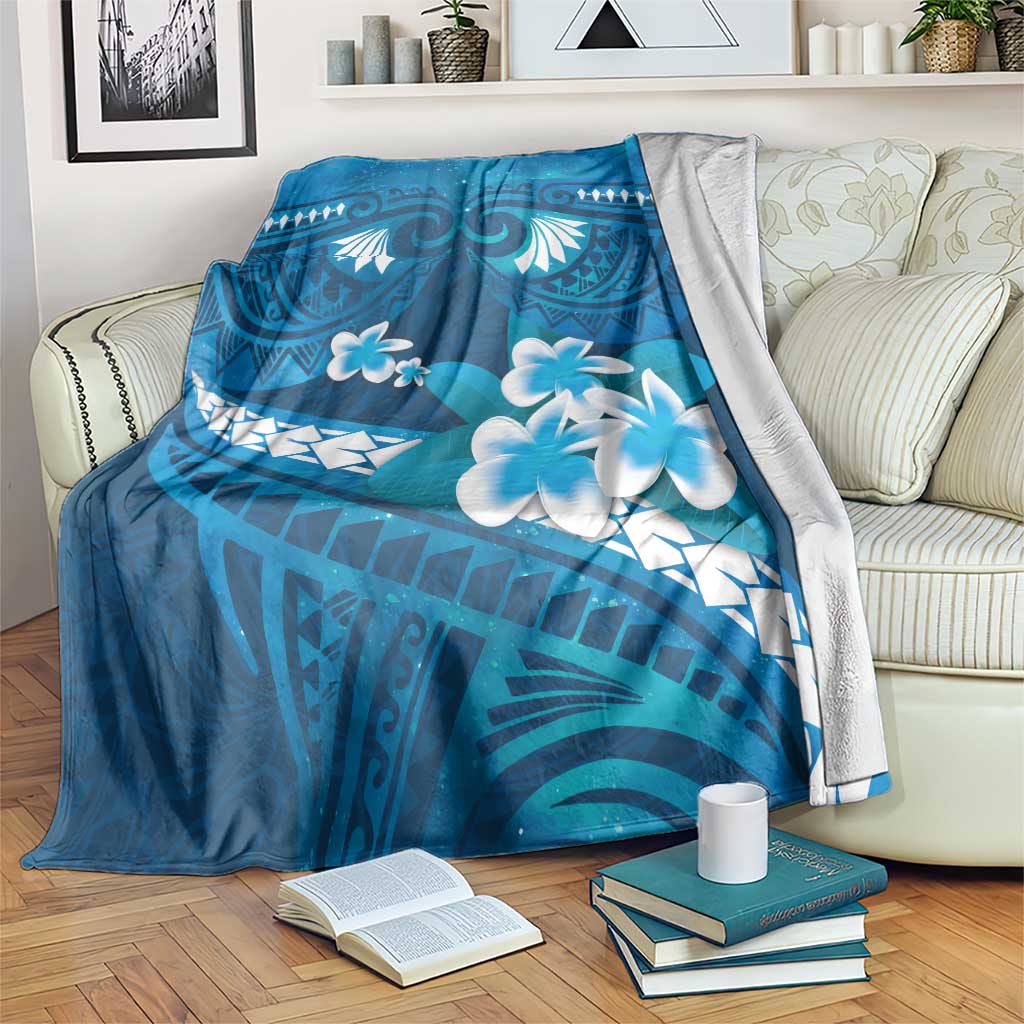 Blue Polynesia Blanket Tribal Pattern Tropical Frangipani