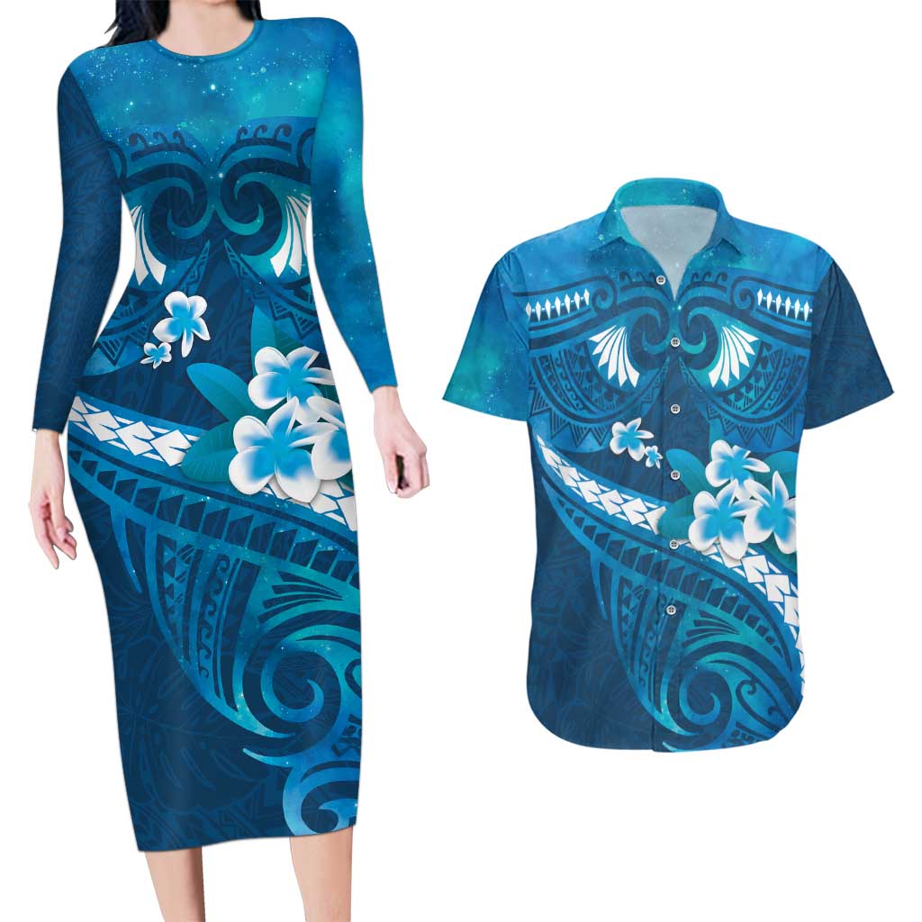 Blue Polynesia Couples Matching Long Sleeve Bodycon Dress and Hawaiian Shirt Tribal Pattern Tropical Frangipani