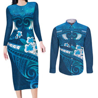 Blue Polynesia Couples Matching Long Sleeve Bodycon Dress and Long Sleeve Button Shirt Tribal Pattern Tropical Frangipani LT14 Blue - Polynesian Pride