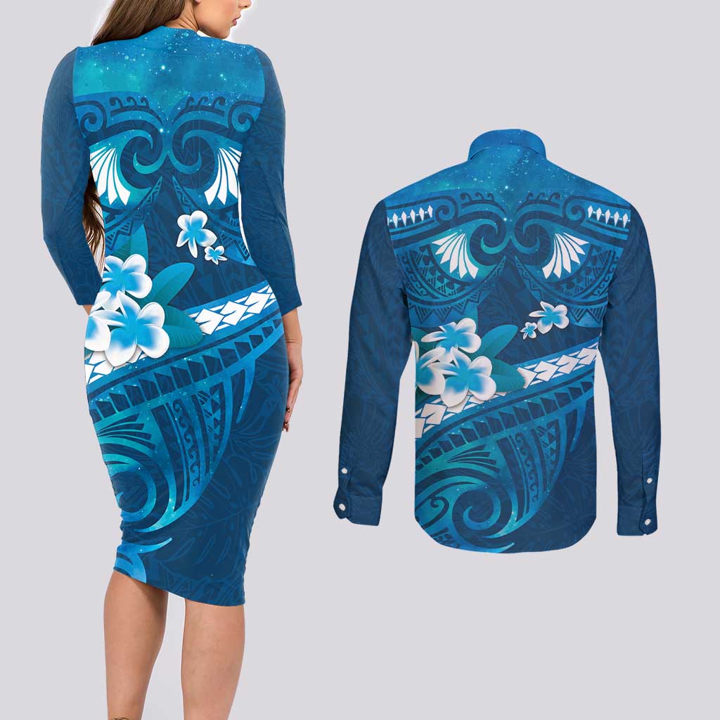 Blue Polynesia Couples Matching Long Sleeve Bodycon Dress and Long Sleeve Button Shirt Tribal Pattern Tropical Frangipani LT14 - Polynesian Pride
