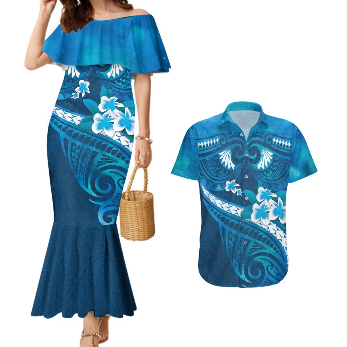 Blue Polynesia Couples Matching Mermaid Dress and Hawaiian Shirt Tribal Pattern Tropical Frangipani