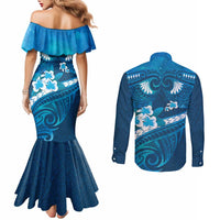Blue Polynesia Couples Matching Mermaid Dress and Long Sleeve Button Shirt Tribal Pattern Tropical Frangipani LT14 - Polynesian Pride