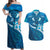 Blue Polynesia Couples Matching Off Shoulder Maxi Dress and Hawaiian Shirt Tribal Pattern Tropical Frangipani