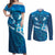 Blue Polynesia Couples Matching Off Shoulder Maxi Dress and Long Sleeve Button Shirt Tribal Pattern Tropical Frangipani