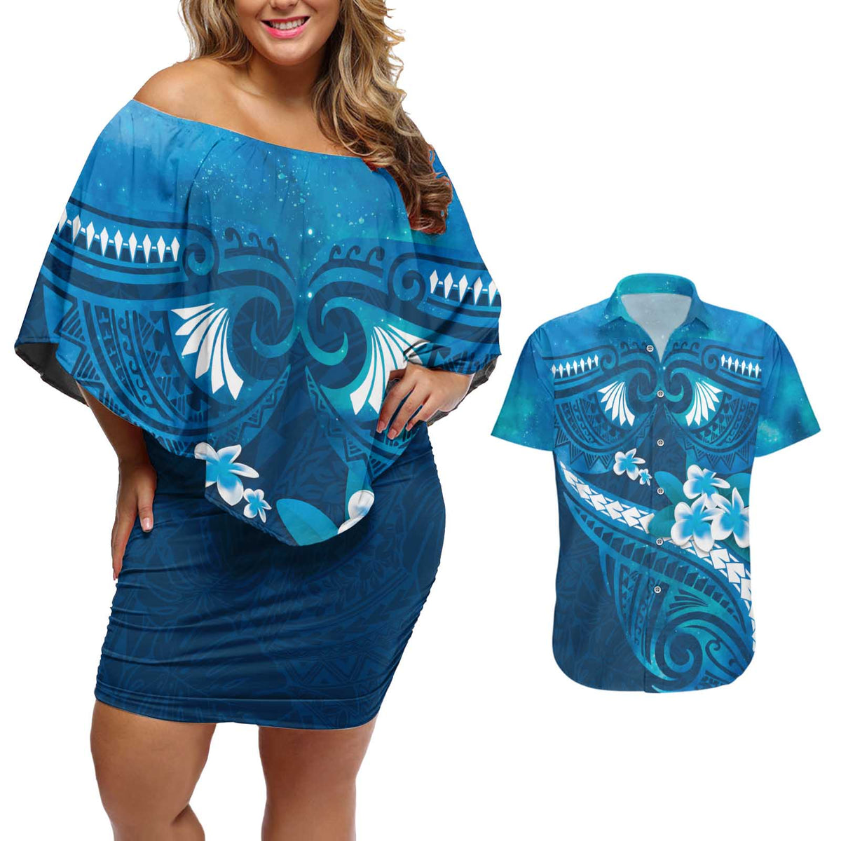 Blue Polynesia Couples Matching Off Shoulder Short Dress and Hawaiian Shirt Tribal Pattern Tropical Frangipani LT14 Blue - Polynesian Pride