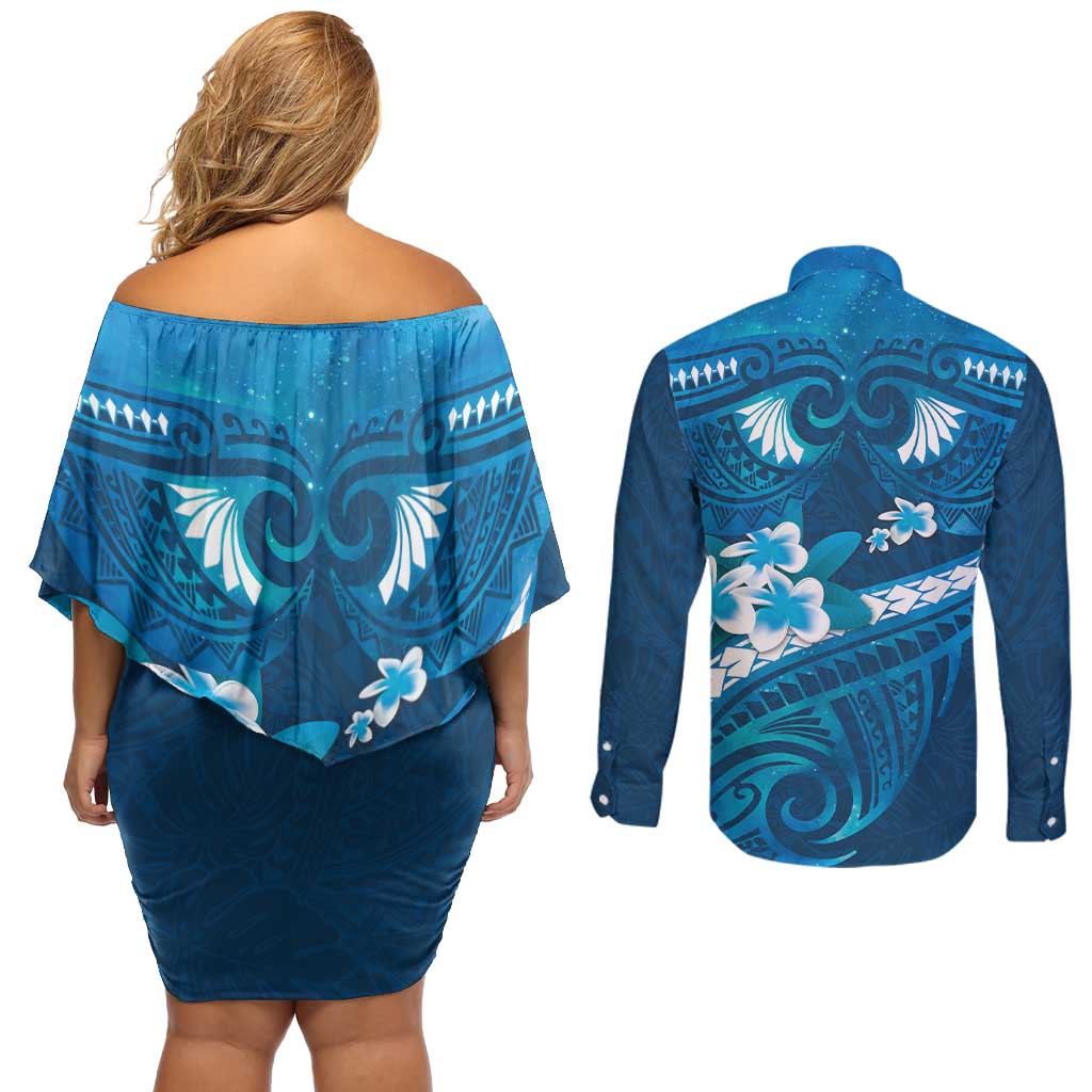 Blue Polynesia Couples Matching Off Shoulder Short Dress and Long Sleeve Button Shirt Tribal Pattern Tropical Frangipani LT14 - Polynesian Pride